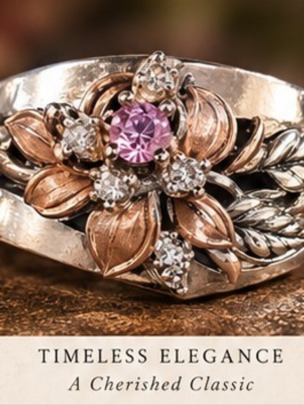Vintage 925 Sterling Pink Sapphire Diamond Black Hills Gold Style Ring